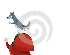 Cartoon scene with wolf and little girl in red hood illustration for children