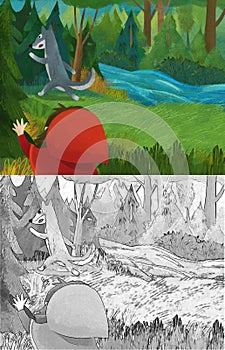 Cartoon scene with wolf and little girl in red hood illustration for children