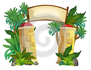 cartoon scene with wooden entrence ark for the zoo or something with pillars similar with nature elements illustration for chidren photo