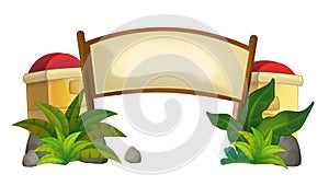 cartoon scene with wooden entrence ark for the zoo or something similar with nature elements illustration for chidren photo