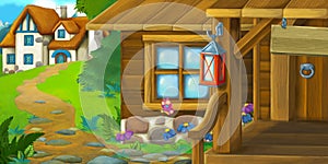 Cartoon scene wooden house on farm ranch illustration