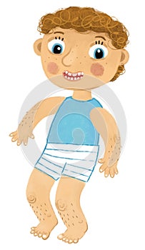 cartoon scene with young boy as anatomy model of body parts on white background illustration for children