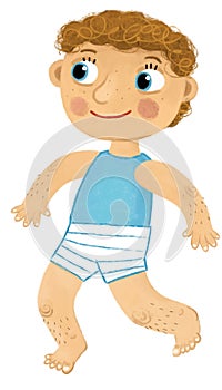 cartoon scene with young boy as anatomy model of body parts on white background illustration for children