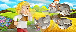 Cartoon scene - young boy farmer traveling to the castle on the hill watching wild birds flying by