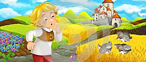 Cartoon scene - young boy farmer traveling to the castle on the hill watching wild birds flying by