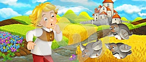 Cartoon scene - young boy farmer traveling to the castle on the hill watching wild birds flying by