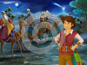 Cartoon scene with young boy looking at three riders on camels by night