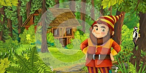 Cartoon scene with young dwarf prince traveling and encountering hidden wooden house in the forest