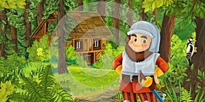 Cartoon scene with young dwarf prince traveling and encountering hidden wooden house in the forest