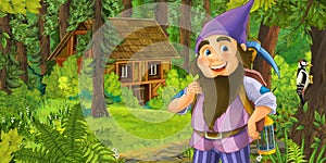Cartoon scene with young dwarf prince traveling and encountering hidden wooden house in the forest