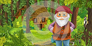 Cartoon scene with young dwarf prince traveling and encountering hidden wooden house in the forest