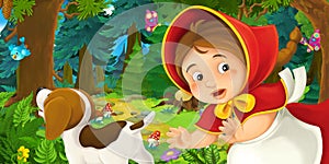 Cartoon scene with young girl and happy dog in the forest going somewhere
