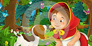 Cartoon scene with young girl and happy dog in the forest going somewhere