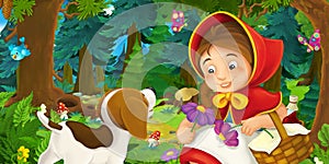 Cartoon scene with young girl and happy dog in the forest going somewhere