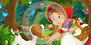 Cartoon scene with young girl and happy dog in the forest going somewhere