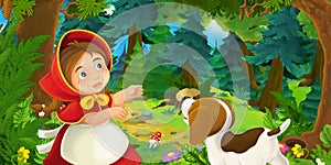 Cartoon scene with young girl and happy dog in the forest going somewhere