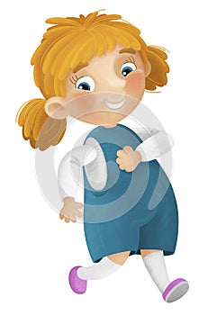 cartoon scene with young girl having fun playing leisure free time walking running isolated illustration for kids