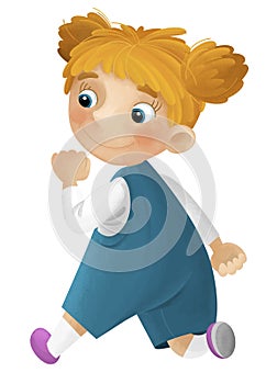 cartoon scene with young girl having fun playing leisure free time walking running isolated illustration for kids