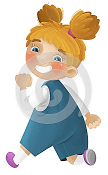 cartoon scene with young girl having fun playing leisure free time walking running isolated illustration for kids