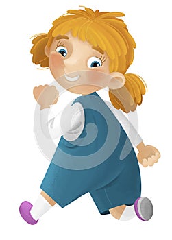 cartoon scene with young girl having fun playing leisure free time walking running isolated illustration for kids