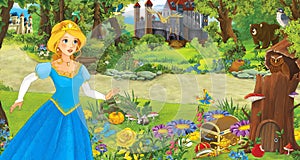 Cartoon scene with young girl princess in the forest near some castles in the forest