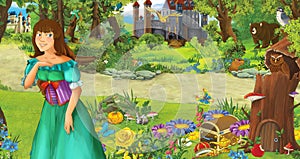 Cartoon scene with young girl princess in the forest near some castles in the forest