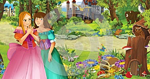 Cartoon scene with young girl princess in the forest near some castles in the forest