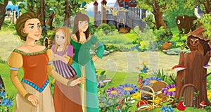 Cartoon scene with young girl princess in the forest near some castles in the forest