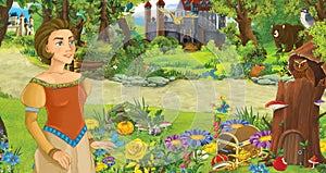 Cartoon scene with young girl princess in the forest near some castles in the forest