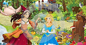 Cartoon scene with young girl princess sorceress in the forest near some castles in the forest