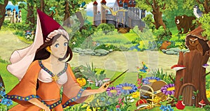 Cartoon scene with young girl princess sorceress in the forest near some castles in the forest