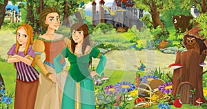 Cartoon scene with young girl princess sorceress in the forest near some castles in the forest