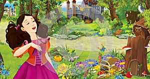 Cartoon scene with young girl princess sorceress in the forest near some castles in the forest