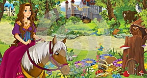 Cartoon scene with young girl princess sorceress in the forest near some castles in the forest