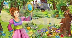 Cartoon scene with young girl princess sorceress in the forest near some castles in the forest