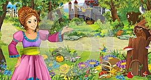 Cartoon scene with young girl princess sorceress in the forest near some castles in the forest