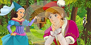 Cartoon scene with young prince traveling and encountering princess sorceress and hidden wooden house in the forest