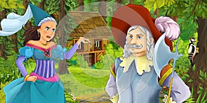 Cartoon scene with young prince traveling and encountering princess sorceress and hidden wooden house in the forest