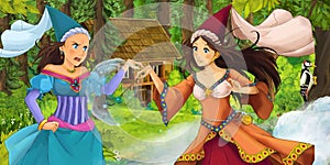 Cartoon scene with young royal witch princess traveling and encountering princess sorceress and hidden wooden house in the forest