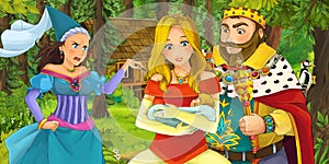 Cartoon scene with young royal woman and man traveling and encountering princess sorceress and hidden wooden house in the forest