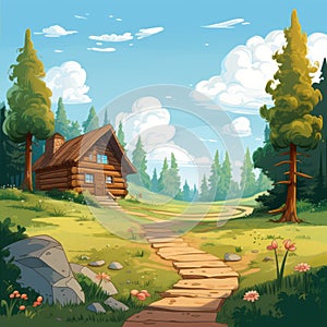 Cartoon Scenery With Log Cabin In Tall Pine Tree Forest photo