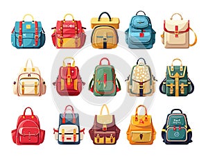Cartoon school bags, colorful schoolbag for students bag knapsack study equipment vector illustration