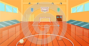 Cartoon school basketball gym, indoor sports court. Empty university gymnasium with basketball hoop and sport equipment photo