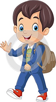 Cartoon school boy with backpack waving hand