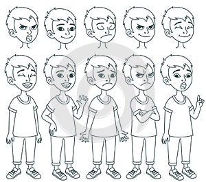 Cartoon school boy character model sheet. Outline freehand drawings.