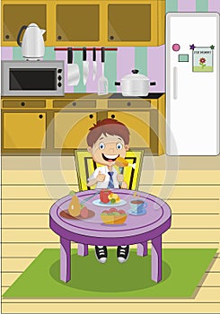 Cartoon school boy eating lunch sitting at the table on kitchen.Vector Illustration