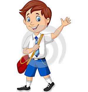 Cartoon school boy in uniform waving