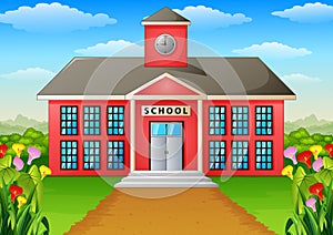 Cartoon school building with green yard