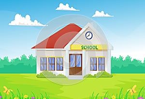 Cartoon school building with green yard