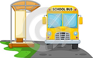 Cartoon school bus with bus stop